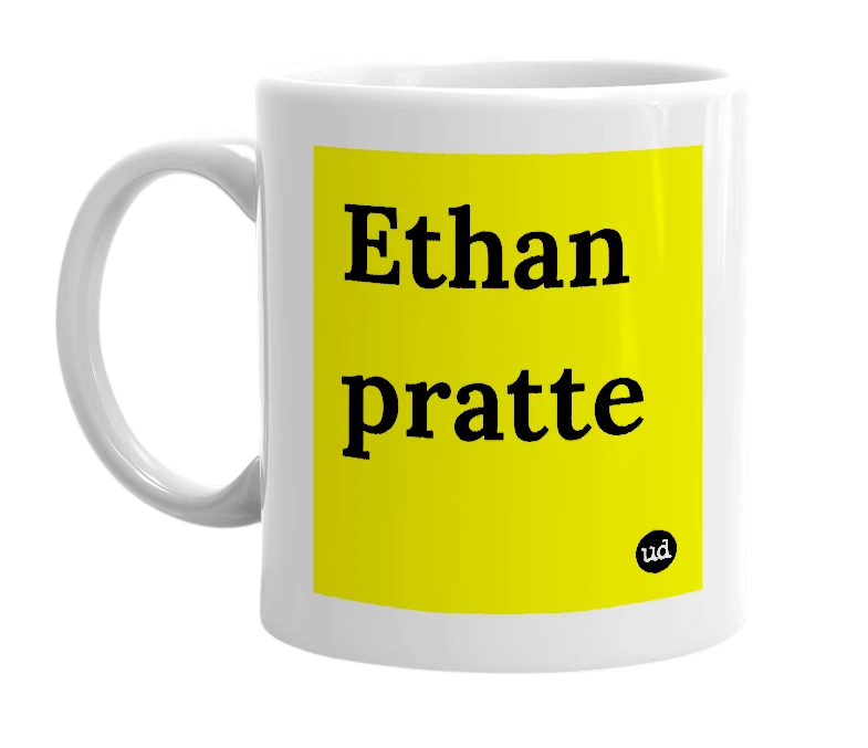 White mug with 'Ethan pratte' in bold black letters
