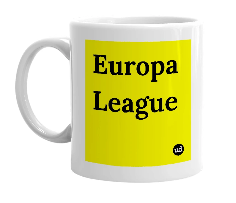 White mug with 'Europa League' in bold black letters