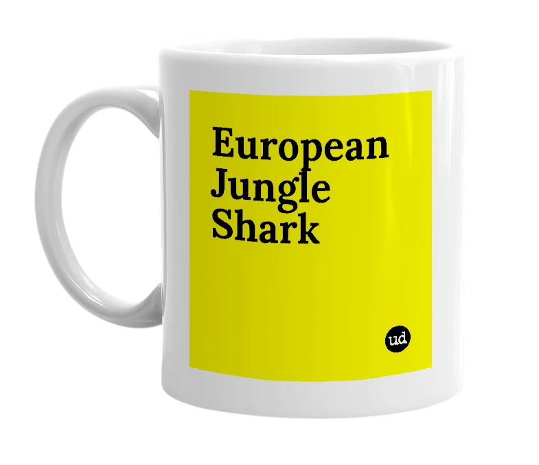 White mug with 'European Jungle Shark' in bold black letters