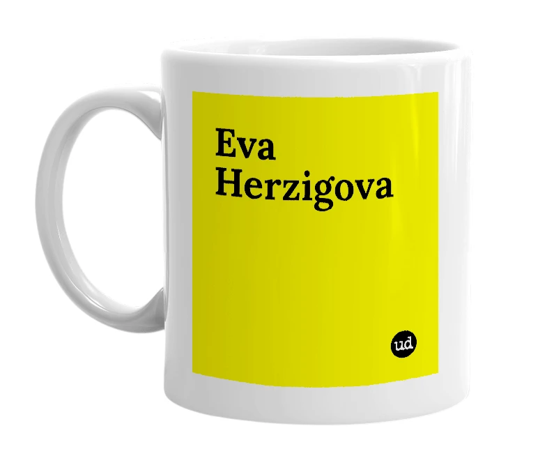 White mug with 'Eva Herzigova' in bold black letters