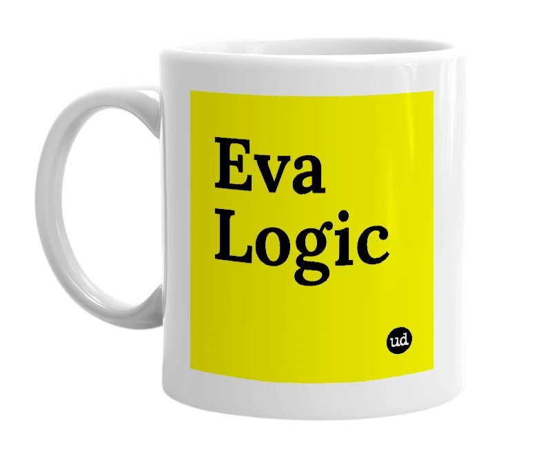 White mug with 'Eva Logic' in bold black letters