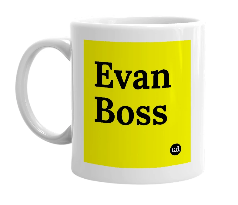White mug with 'Evan Boss' in bold black letters