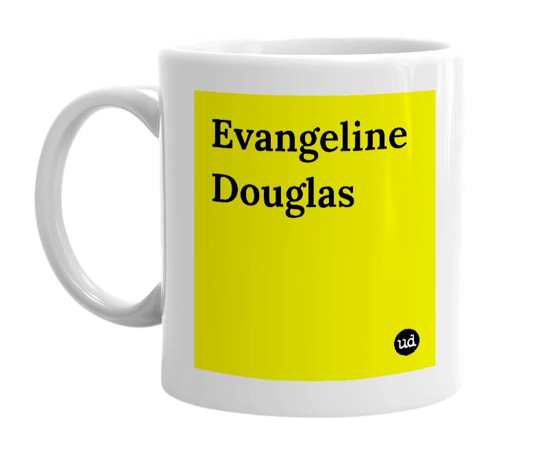 White mug with 'Evangeline Douglas' in bold black letters