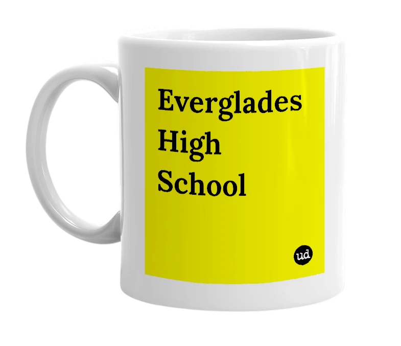 White mug with 'Everglades High School' in bold black letters