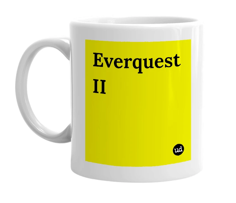 White mug with 'Everquest II' in bold black letters