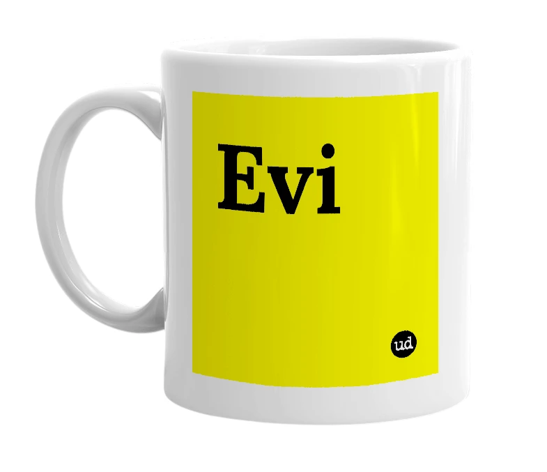 White mug with 'Evi' in bold black letters