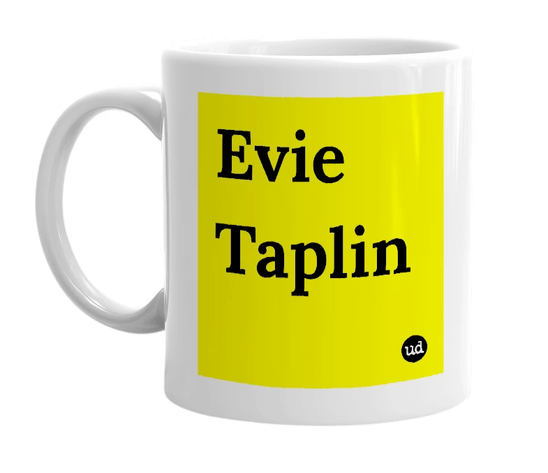 White mug with 'Evie Taplin' in bold black letters