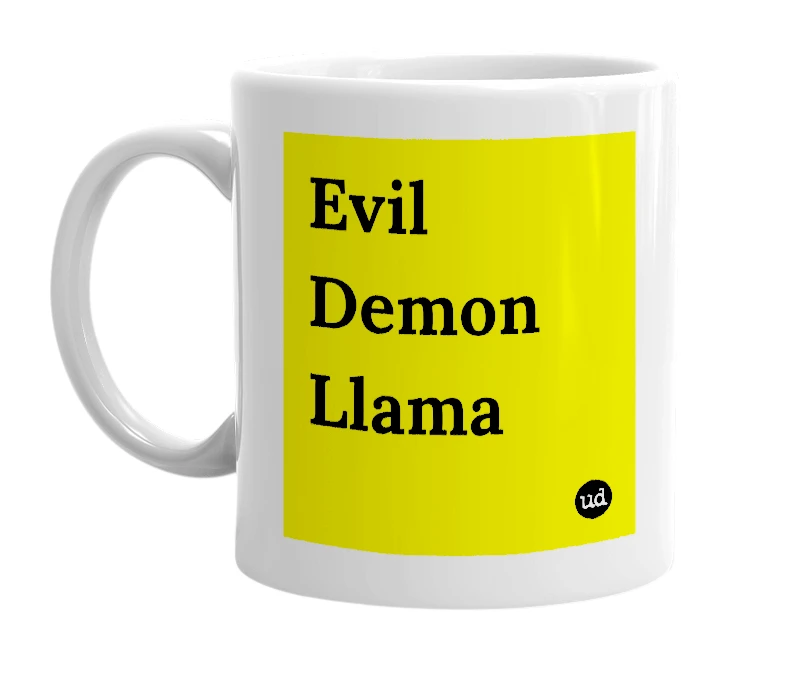 White mug with 'Evil Demon Llama' in bold black letters