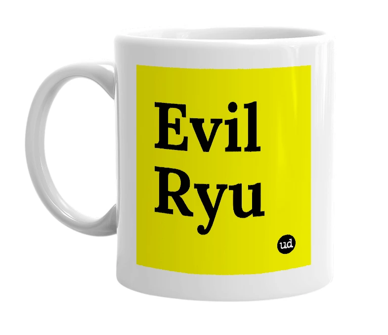 White mug with 'Evil Ryu' in bold black letters