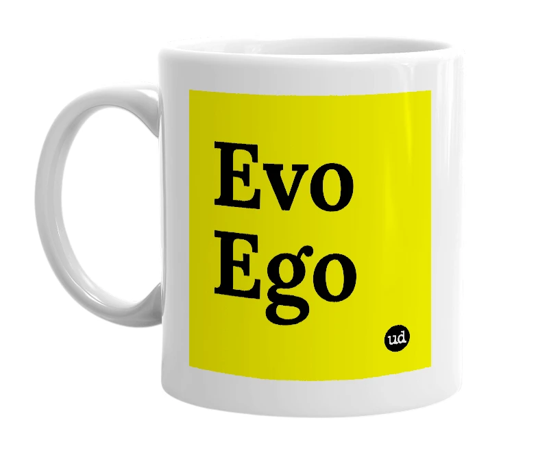 White mug with 'Evo Ego' in bold black letters