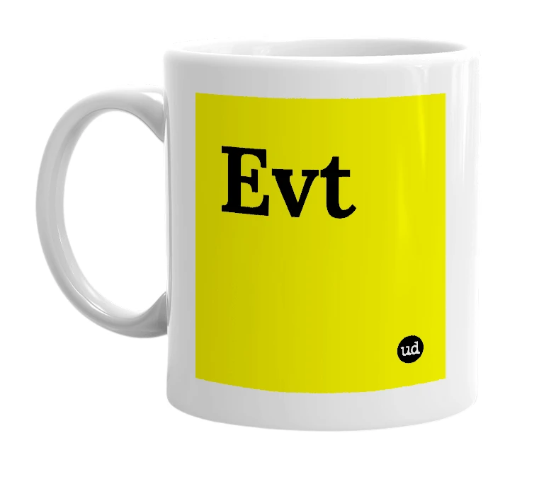 White mug with 'Evt' in bold black letters