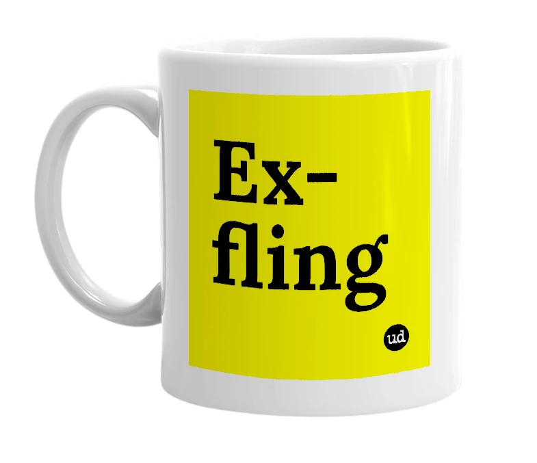 White mug with 'Ex-fling' in bold black letters