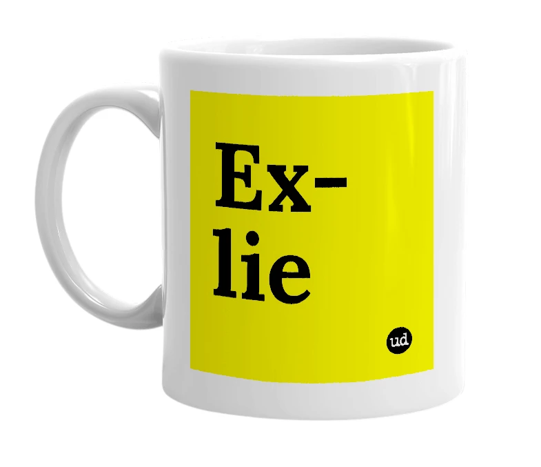 White mug with 'Ex-lie' in bold black letters