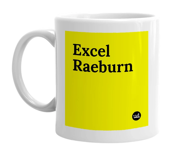 White mug with 'Excel Raeburn' in bold black letters