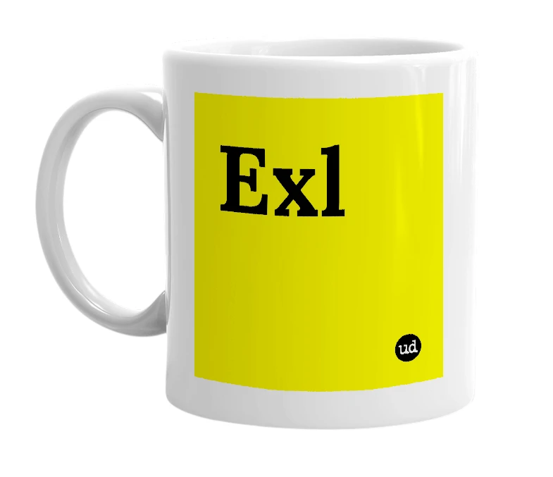 White mug with 'Exl' in bold black letters