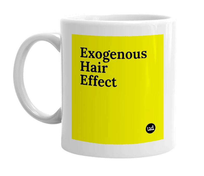 White mug with 'Exogenous Hair Effect' in bold black letters