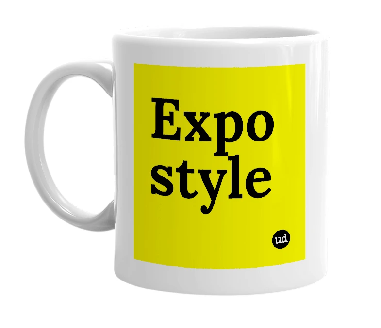 White mug with 'Expo style' in bold black letters