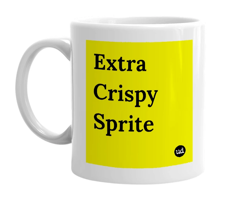 White mug with 'Extra Crispy Sprite' in bold black letters