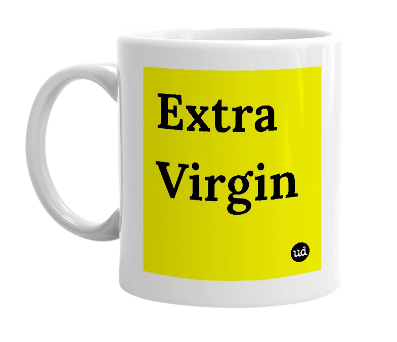 White mug with 'Extra Virgin' in bold black letters