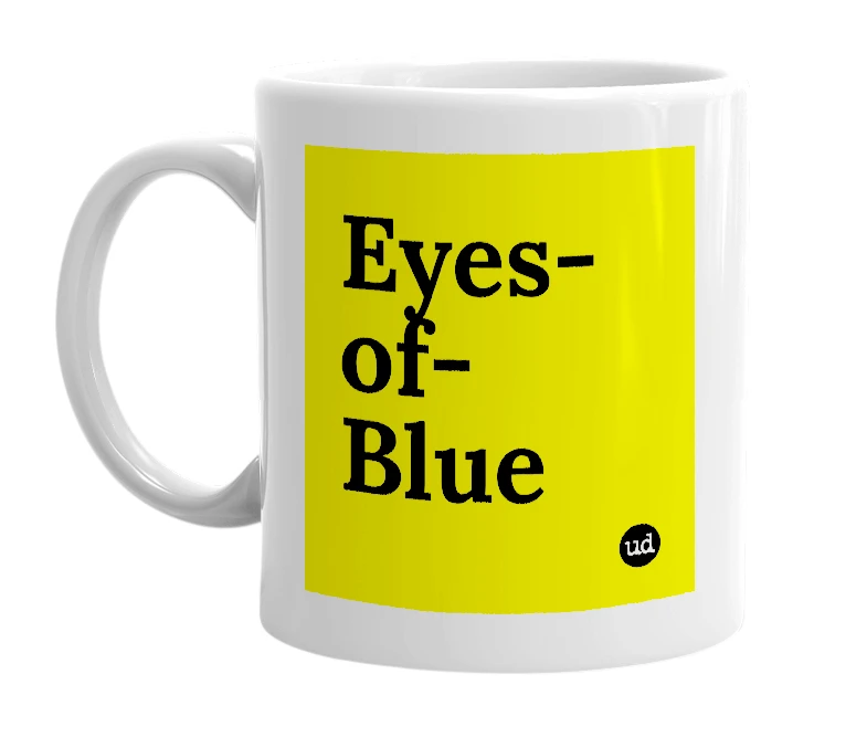 White mug with 'Eyes-of-Blue' in bold black letters