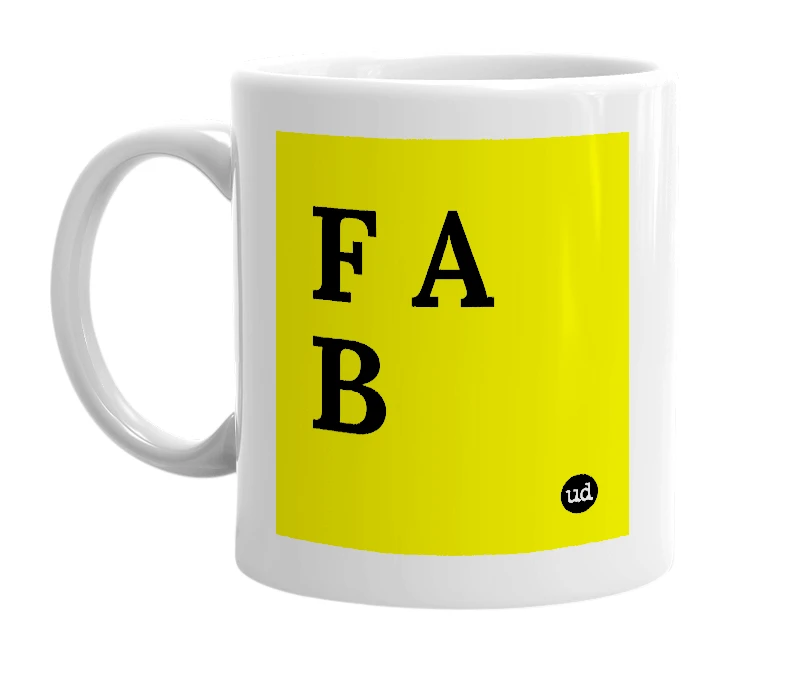 White mug with 'F A B' in bold black letters