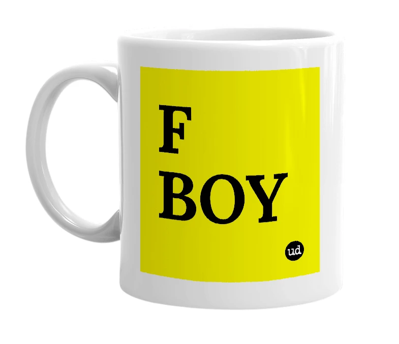 White mug with 'F BOY' in bold black letters