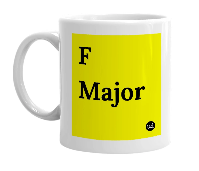 White mug with 'F Major' in bold black letters