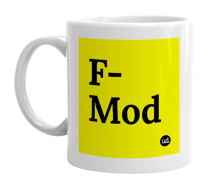White mug with 'F-Mod' in bold black letters