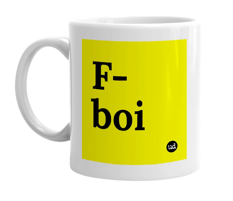 White mug with 'F-boi' in bold black letters