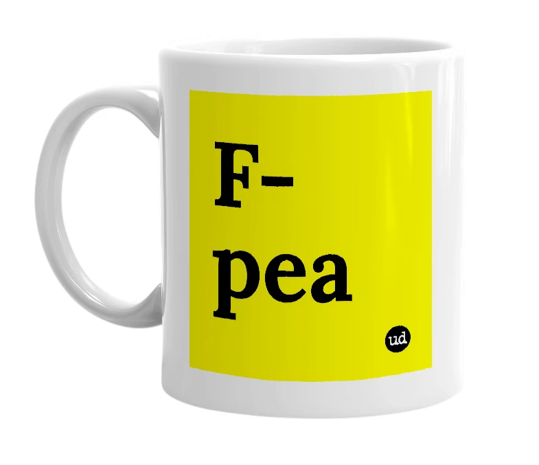 White mug with 'F-pea' in bold black letters
