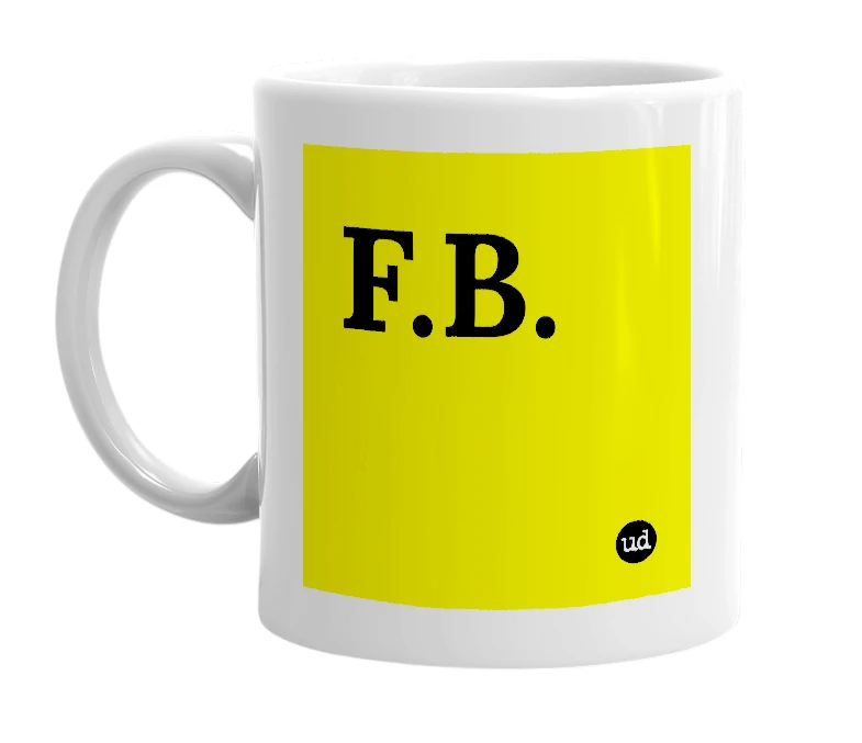 White mug with 'F.B.' in bold black letters