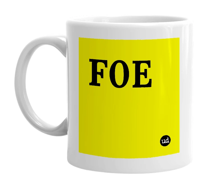 White mug with 'F0E' in bold black letters