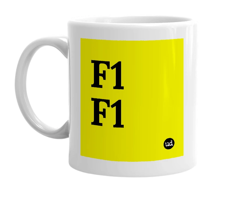 White mug with 'F1 F1' in bold black letters