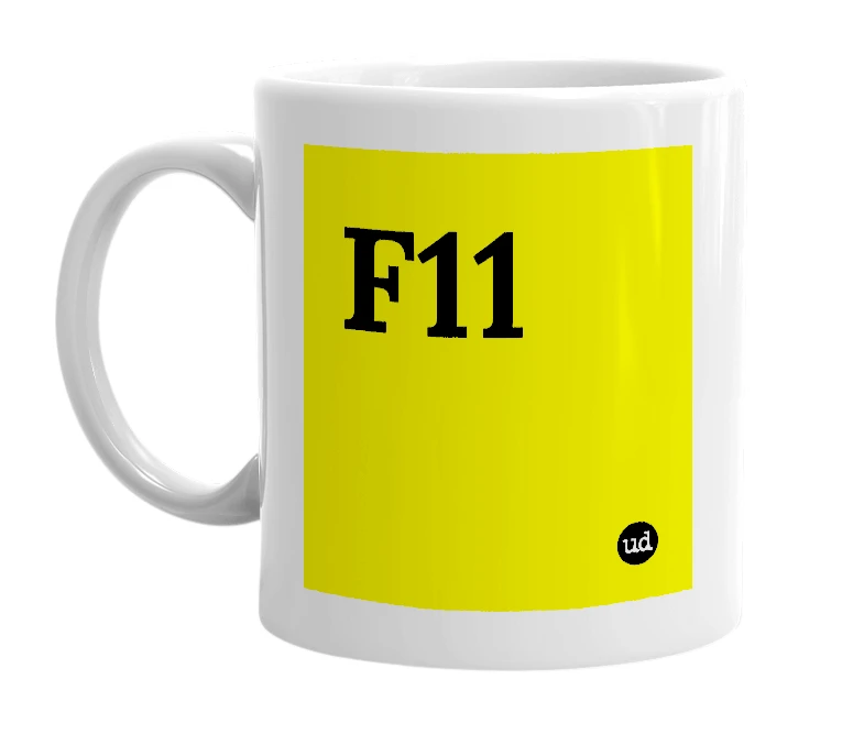 White mug with 'F11' in bold black letters