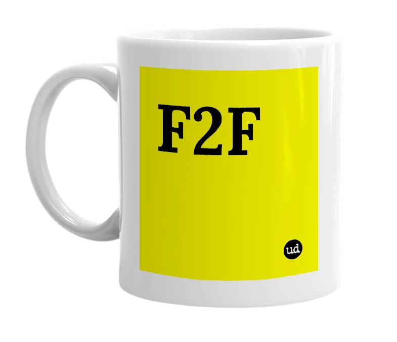 White mug with 'F2F' in bold black letters