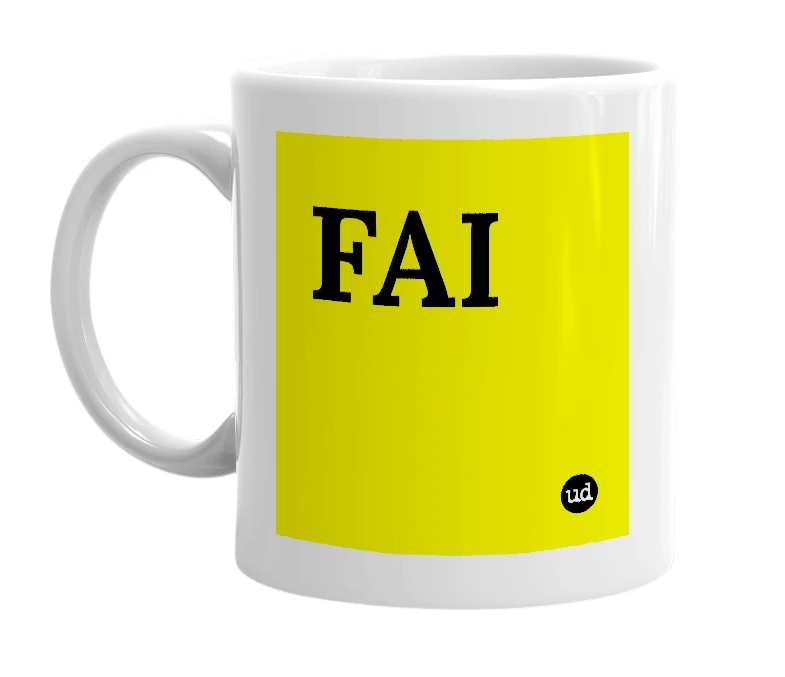 White mug with 'FAI' in bold black letters