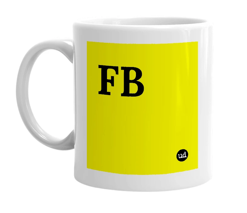 White mug with 'FB' in bold black letters