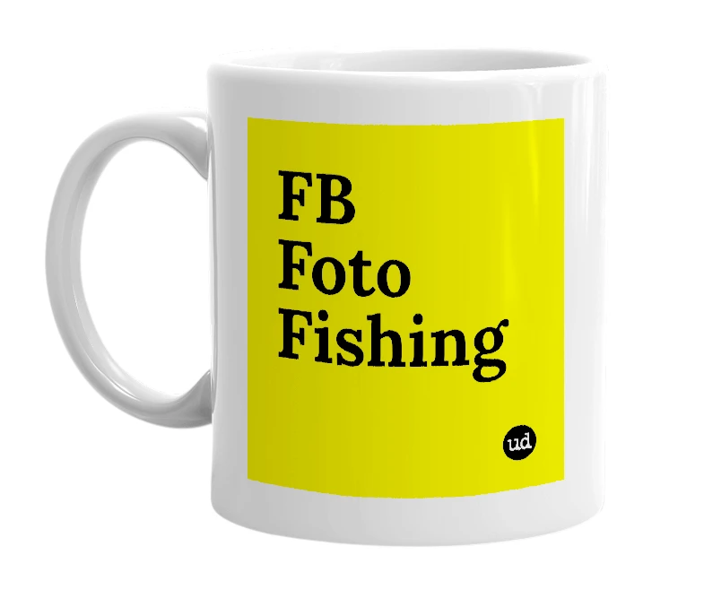 White mug with 'FB Foto Fishing' in bold black letters