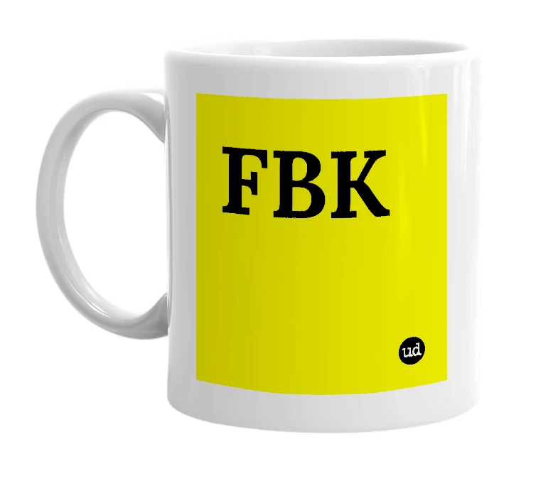 White mug with 'FBK' in bold black letters