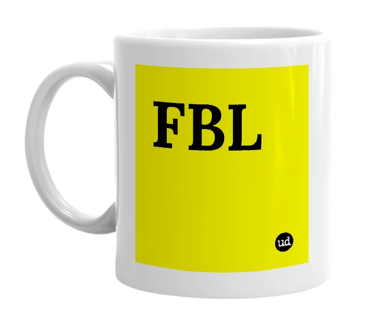 White mug with 'FBL' in bold black letters