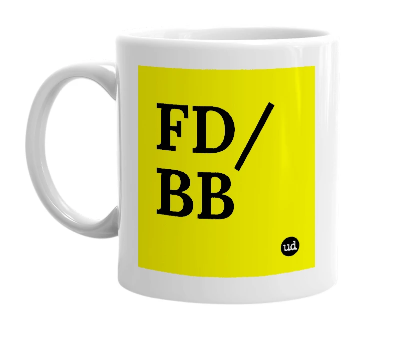 White mug with 'FD/BB' in bold black letters