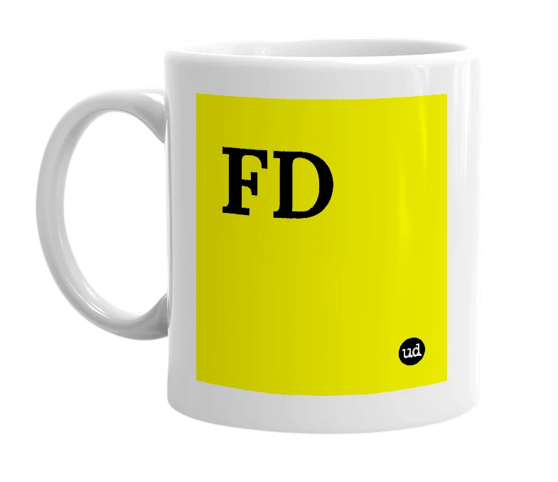 White mug with 'FD' in bold black letters