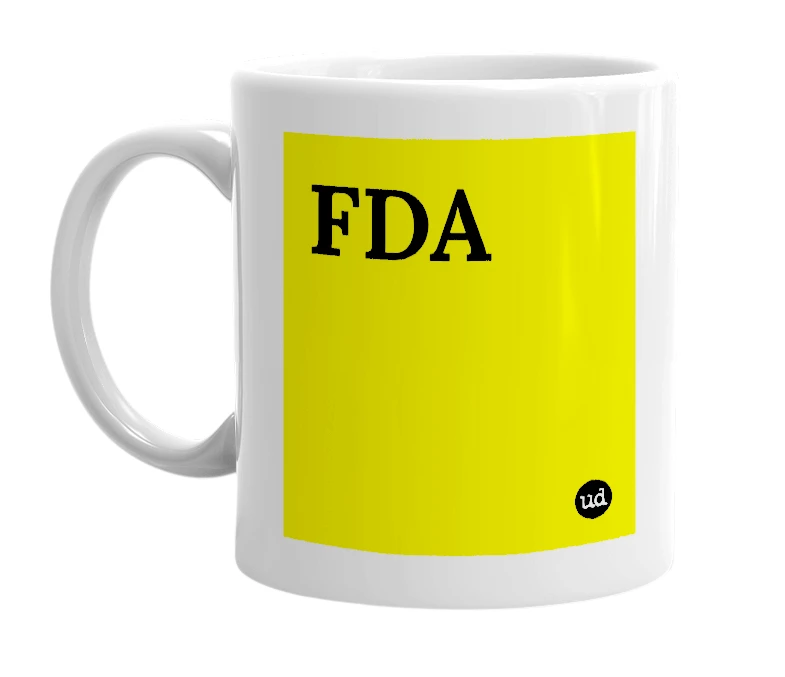 White mug with 'FDA' in bold black letters