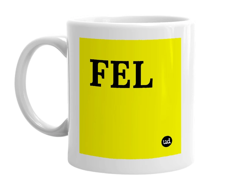 White mug with 'FEL' in bold black letters