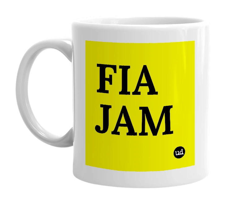 White mug with 'FIA JAM' in bold black letters