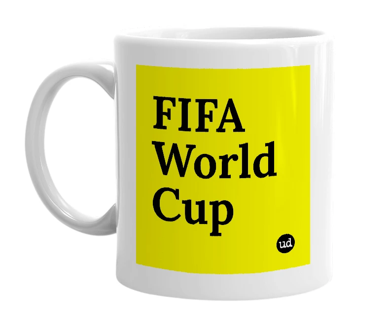 White mug with 'FIFA World Cup' in bold black letters
