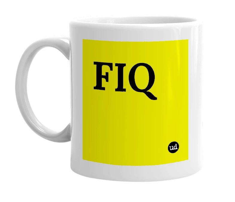 White mug with 'FIQ' in bold black letters