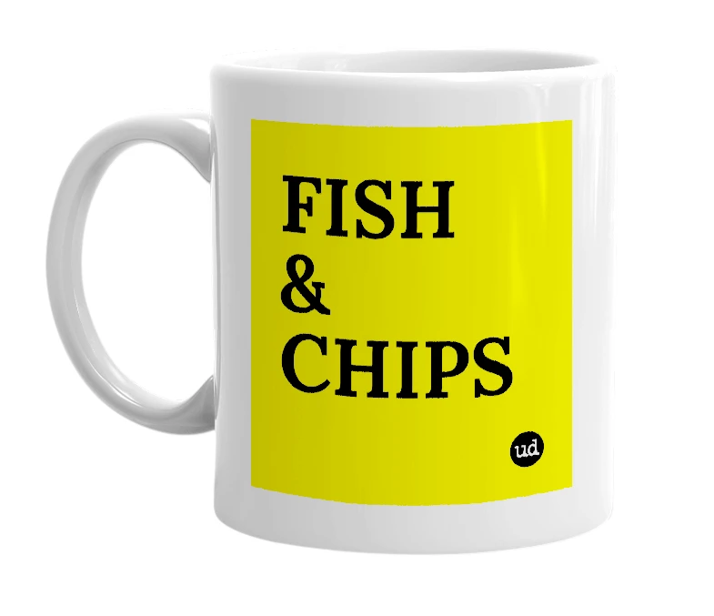 White mug with 'FISH & CHIPS' in bold black letters