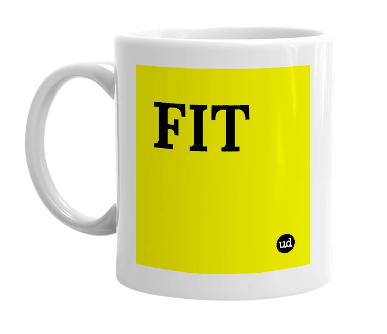 White mug with 'FIT' in bold black letters