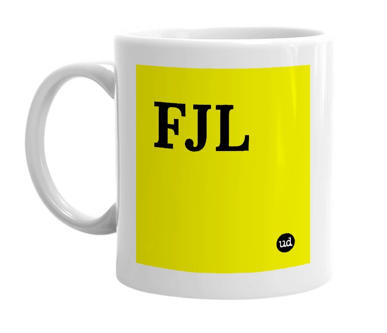 White mug with 'FJL' in bold black letters